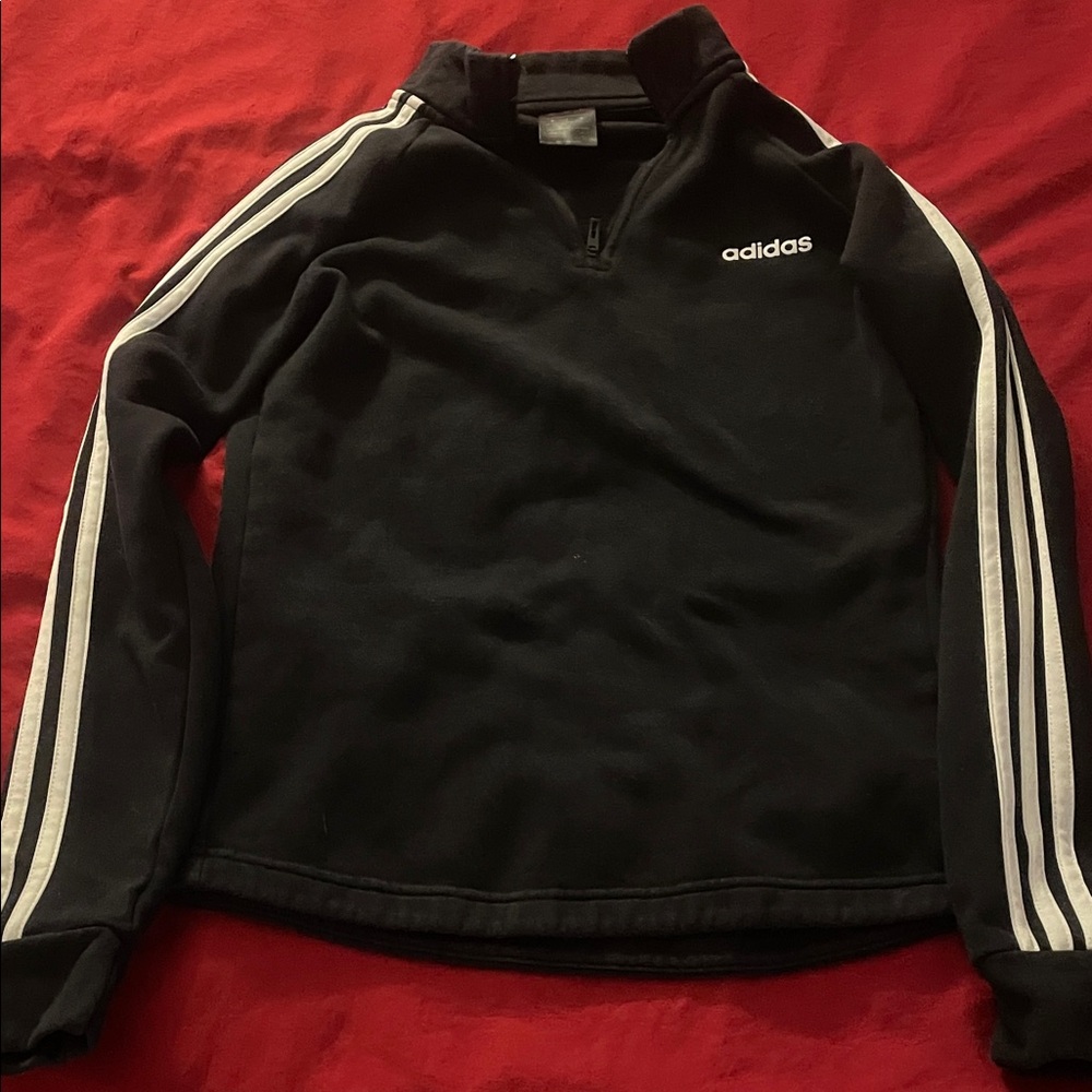 Adidas Women’s Black Zip-Up Sweater with White Stripes